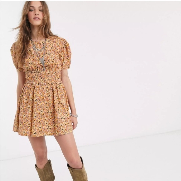 Free People Dresses & Skirts - Free People Pennie Cinched Waist Floral Mini Dress in Yellow Gold Honey Comb XS